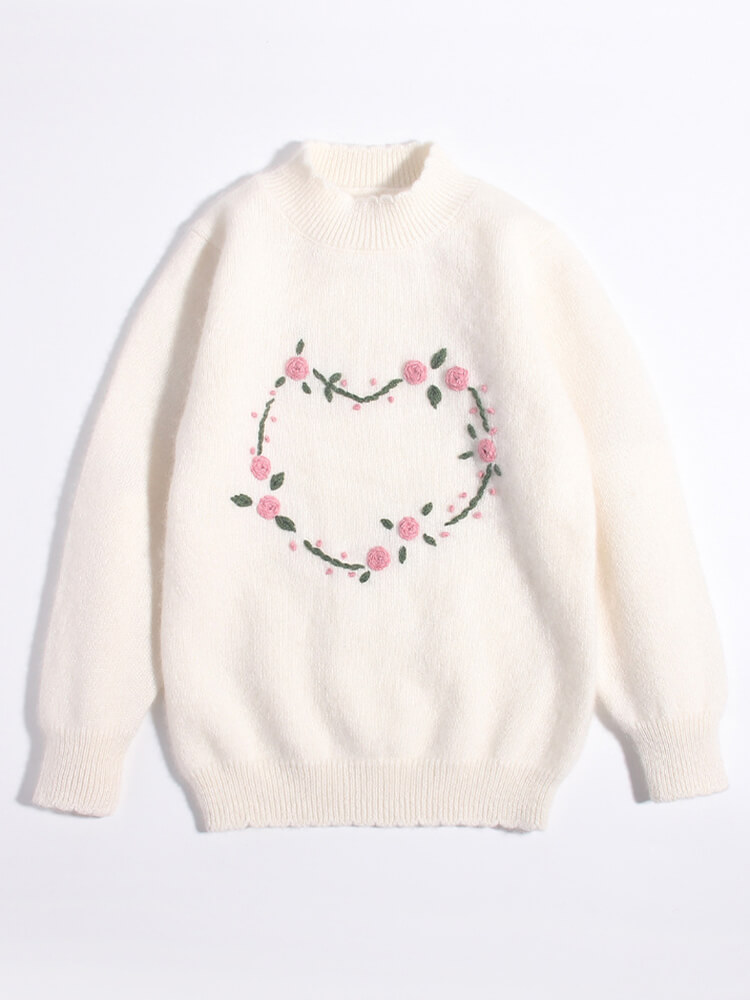 Girls Floral Heart Embroidered Ivory Cashmere Sweater